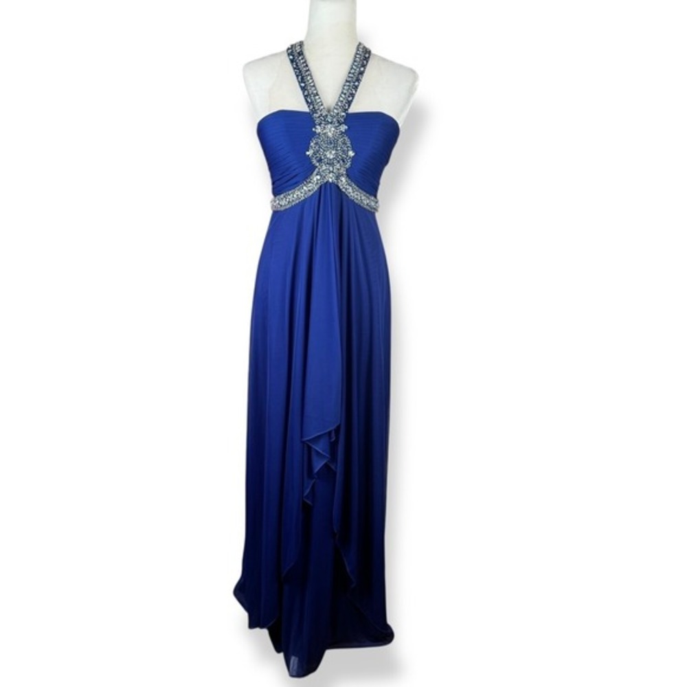 Xscape Beaded Halter Maxi Dress Size 4 Empire Waist Formal Evening Gown Hoco